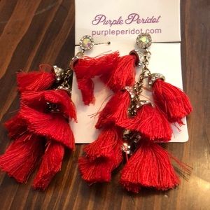 Gold and Crystal Drop Earrings with Red Tassels